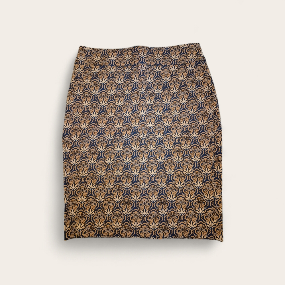 LOFT Navy and Orange Floral-Geo Pencil Skirt